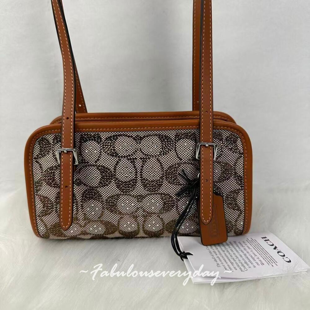 Coach Swing Zip Bag 20 Crystal Signature Jacquard Silver/Burnished Amber CBH53 - Picture 2 of 10